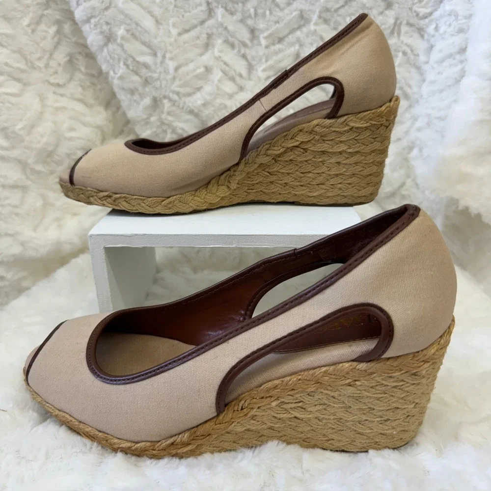 Chaps Open Toe Espadrille Wedge Heel Shoes Tan Canvas Brown Trim Casual